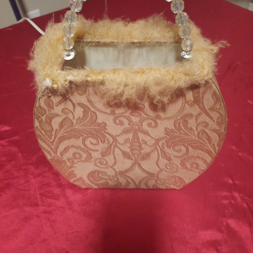 Vintage Gold Beaded Handle Fuzzy trim Paisely Pattern Handbag Lamp